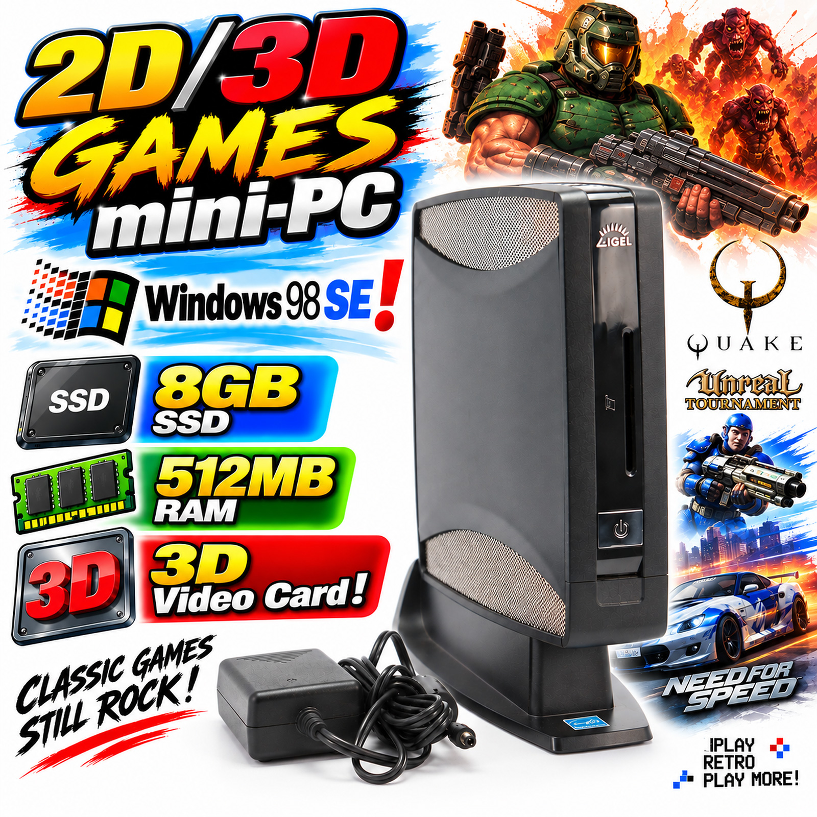 🎮MINI PC COMPUTER PC RETRO GAMES SPIELE DOS WINDOWS 98 8GB SSD 800MHZ 512RAM