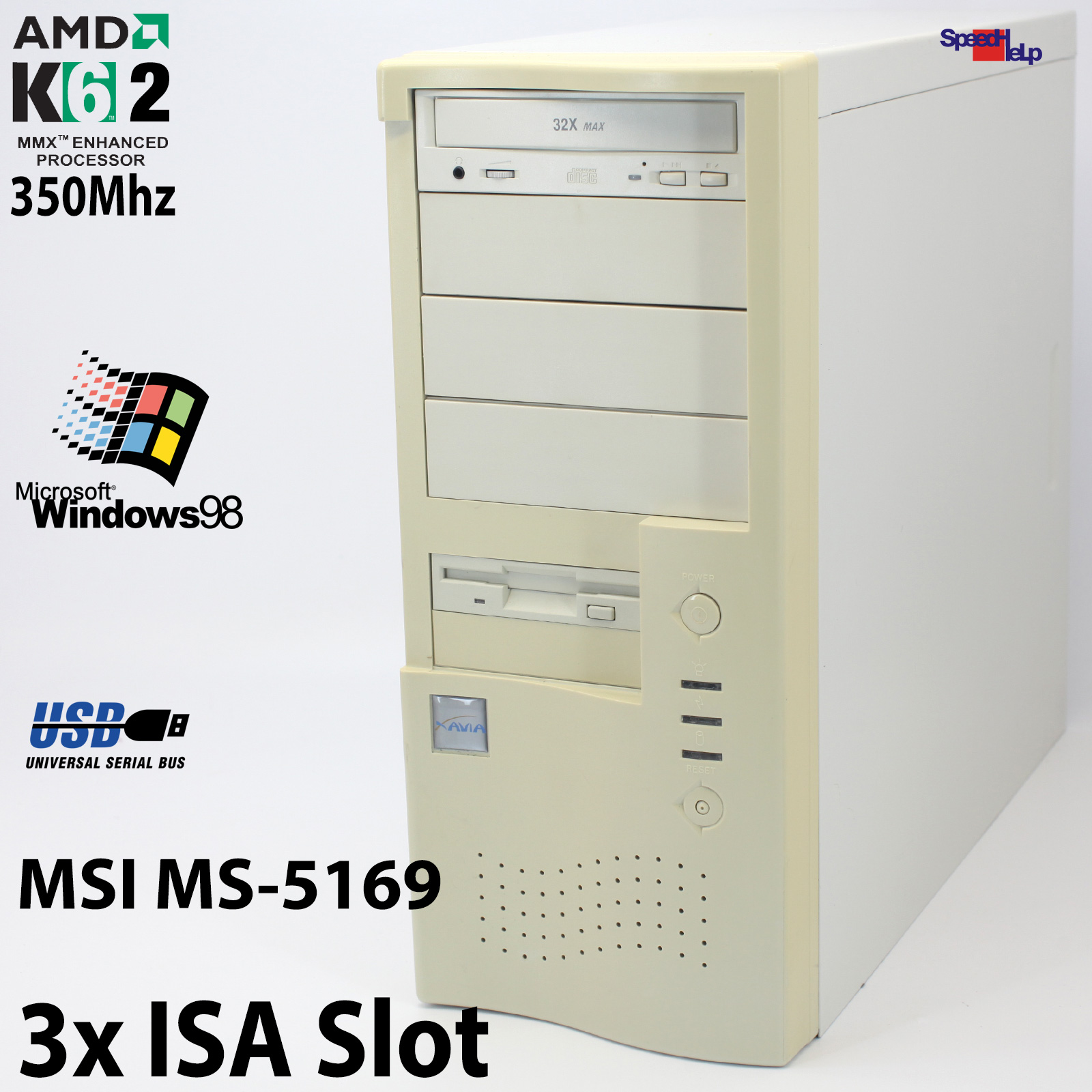 3x ISA SLOT MSI MS-5169 PC COMPUTER AMD K6-2 350MHZ 10GB 256MB WINDOWS 98 SE