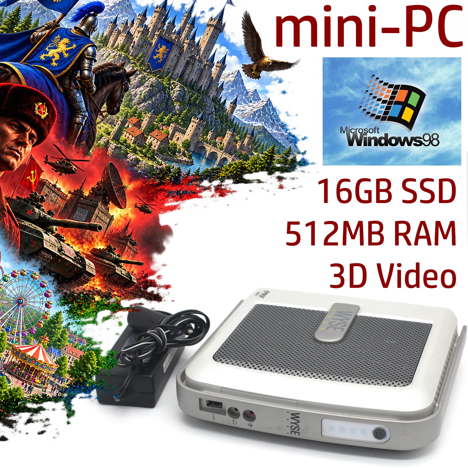 🎮MINI COMPACT COMPUTER PC 800MHZ 16GB SSD RETRO GAMES WINDOWS 98 RED ALERT !